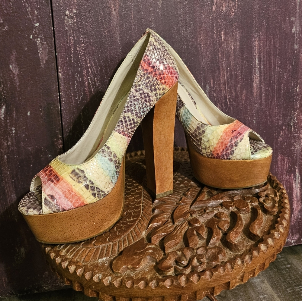 SNAKESKIN PRINT BLOCK HEEL PLATEFORM PUMP